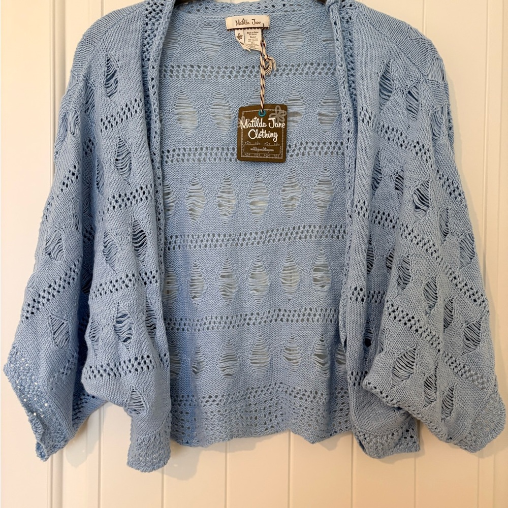 Matilda Jane Light Blue Open Knit Short Sleeve Cardigan Size Small NWT